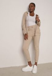 Beżowy Komplet Dresowy Zasuwana Bluza z Kapturem i Spodnie Typu Jogger Nedisare. Brązowe bluzy damskie Born2be, l, bez wzorów, z dresówki, z kapturem. Za 99.99 zł.