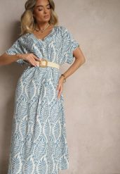 Niebieska Sukienka z Wiskozy Ozdobiona Paskiem i Motywem Liści Belozi. Niebieskie sukienki damskie Renee, bez wzorów, z wiskozy, eleganckie, bez ramiączek. W wyprzedaży za 63.99 zł.