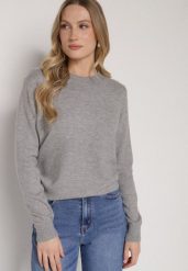 Szary Casualowy Sweter z Wełną i Bawełną Nedalla. Szare swetry klasyczne damskie Born2be, z bawełny, bez kołnierzyka. Za 59.99 zł.