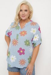 Jasnoniebieska Koszula z Lnu i Bawełny w Kwiaty z Krótkim Rękawem Ambubia. Niebieskie koszule damskie Born2be, na lato, plus size, bez wzorów, z bawełny, bez kołnierzyka, plus size, bez ramiączek. Za 79.99 zł.