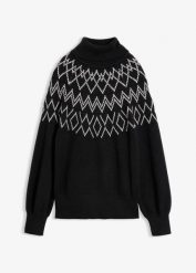 Sweter w norweski wzór. Czarne swetry klasyczne damskie bonprix, bez kołnierzyka. Za 129.99 zł.