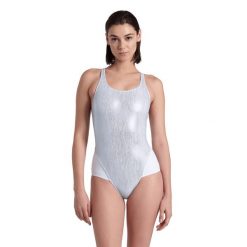 Strój kąpielowy damski połyskujący z siateczką Arena Mesh Power White. Białe stroje jednoczęściowe Arena, bez wzorów, z meshu. Za 139.99 zł.