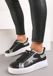 Czarne Sneakersy z Ekoskóry na Platformie z Brokatową Gwiazdką Lominia. Czarne obuwie sportowe damskie Born2be, z materiału, bez zapięcia. Za 84.99 zł.