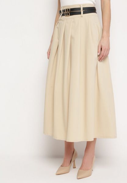 Jasnobeżowa Spódnica z Podwójnym Paskiem z Ekoskóry i Szerokimi Plisami Hiritai. Brązowe spódnice damskie Born2be, do pracy, m, bez wzorów, ze skóry, biznesowe, maxi. Za 64.99 zł.
