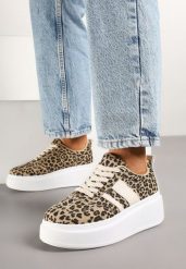 Panterkowe Sneakersy Kultowe Tenisówki na Platformie z Koturnem Elisara. Obuwie sportowe damskie Born2be, bez wzorów, z jeansu, bez zapięcia. Za 79.99 zł.