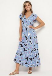 Niebieska Wiskozowa Sukienka w Kwiaty z Gumką w Pasie z Ozdobnym Paskiem Vikellie. Niebieskie sukienki damskie Born2be, bez wzorów, z wiskozy, bez ramiączek. Za 119.99 zł.