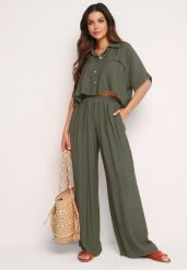 Ciemnozielony Wiskozowy Komplet 2-Częściowy Luźna Koszula Spodnie z Szerokimi Nogawkami Ulvitela. Zielone koszule damskie Born2be, bez wzorów, z wiskozy, eleganckie, bez kołnierzyka, bez ramiączek. Za 139.99 zł.