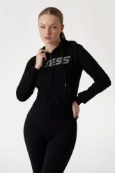 GUESS Czarna damska bluza z cyrkoniami Primula. Czarne bluzy damskie Guess, s, z aplikacjami, bez kaptura. W wyprzedaży za 284.99 zł.
