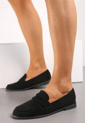 Czarne Klasyczne Mokasyny z Imitacji Zamszu Behmilla. Czarne mokasyny damskie Renee, bez obcasa. Za 39.99 zł.
