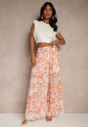 Pomarańczowe Spodnie High Waist Zdobione Plisami i Kwiatowym Printem Folamea. Brązowe spodnie materiałowe damskie Renee, z aplikacjami, z jeansu. Za 89.99 zł.