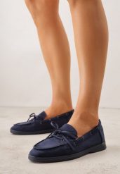 Niebieskie Mokasyny ze Sznurkiem i Kokardą Samiphia. Niebieskie mokasyny damskie Renee, z jeansu, bez obcasa. Za 79.99 zł.