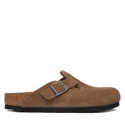 Klapki Birkenstock. Brązowe klapki damskie Birkenstock, bez wzorów, bez obcasa, bez zapięcia. Za 694.99 zł.