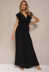 Czarny Kopertowy Kombinezon Wide Leg Zdobiony Plisami i Paskiem z Klamrą Salirella. Czarne sukienki damskie Renee, z aplikacjami, eleganckie, bez ramiączek. W wyprzedaży za 91.99 zł.