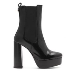 Botki Eva Minge. Czarne botki damskie Eva Minge, bez obcasa, na słupku, bez zapięcia. Za 359.99 zł.