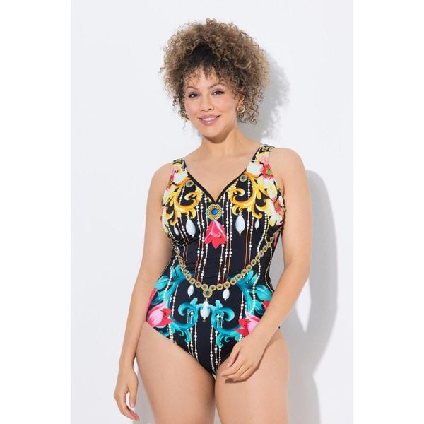 Damski Strój kąpielowy barok miękkie miseczki głęboki dekolt w serek. Czarne stroje jednoczęściowe Ulla Popken, bez wzorów, z elastanu. Za 244.99 zł.