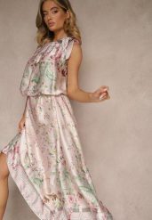 Jasnoróżowa Sukienka z Satyny Zdobiona Kwiatowym Wzorem i Wiązaniem Fenalesa. Czerwone sukienki damskie Renee, z aplikacjami, z jeansu, bez ramiączek. Za 159.99 zł.