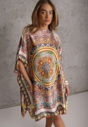Beżowe Satynowe Ponczo z Jedwabiem i Wiskozą w Stylu Boho Prixeis. Brązowe swetry klasyczne damskie Renee, uniwersalny, z jedwabiu, bez kołnierzyka. Za 59.99 zł.