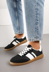 Czarne Sneakersy na Kauczukowej Podeszwie Ozdobione Paskami Emidi. Czarne obuwie sportowe damskie Renee, z jeansu, bez zapięcia. Za 69.99 zł.