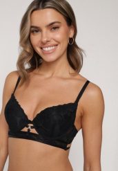 Czarny Klasyczny Biustonosz Zdobiony Koronką i Aplikacją Metheis. Czarne biustonosze Born2be, z aplikacjami, z koronki. Za 34.99 zł.