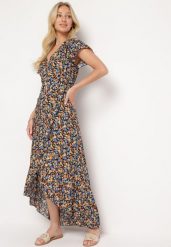 Czarno-Niebieska Bawełniana Sukienka w Kwitowy Wzór Wiązana w Talii z Kopertowym Dekoltem Risallin. Czarne sukienki damskie Born2be, bez wzorów, z bawełny, eleganckie, bez ramiączek. Za 49.99 zł.