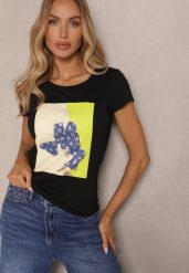 Czarny T-shirt z Bawełny Zdobiony Nadrukiem Aizana. Czarne t-shirty damskie Renee, l, z aplikacjami, z bawełny, bez kołnierzyka. Za 34.99 zł.