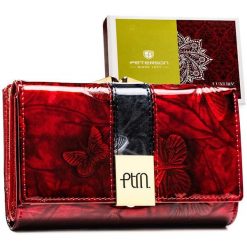 Portfel damski ze skóry naturalnej w czerwonym kolorze, zamykany biglem i zatrzaskiem - Peterson. Czerwone portfele damskie Peterson, bez wzorów, z lakierowanej skóry. Za 134.99 zł.