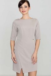 Beżowa Elegancka Sukienka z Asymetrycznym Rozporkiem. Brązowe sukienki damskie Katrus, bez wzorów, z materiału, eleganckie, bez ramiączek. Za 239.00 zł.