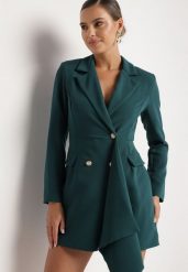 Ciemnozielona Taliowana Sukienka o Kroju Marynarki z Mini Trenem Besista. Zielone sukienki damskie Born2be, z aplikacjami, eleganckie, bez ramiączek. W wyprzedaży za 144.49 zł.