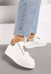 Biało-Złote Sneakersy na Platformie Ozdobione Cyrkoniami i Aplikacją 3D Daneria. Białe obuwie sportowe damskie Renee, z materiału, bez zapięcia. Za 74.99 zł.