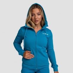 Bluza damska fitness z kapturem akwamarynowa Limitless Zip Up. Niebieskie bluzy damskie GYMBEAM, s, bez wzorów, z bawełny, z kapturem. Za 127.90 zł.