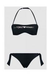 EMPORIO ARMANI Wiązane bikini ze srebrnym logo. Czarne bikini Emporio Armani, bez wzorów, z poliamidu. W wyprzedaży za 299.99 zł.