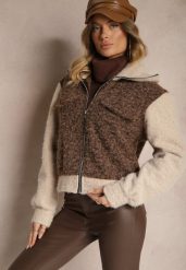 Brązowa Przejściowa Kurtka Boucle z Wysokim Kołnierzem i Imitacją Kieszeni Lilarra. Brązowe kurtki damskie Renee, uniwersalny, bez wzorów, z jeansu, bez kaptura. Za 149.99 zł.