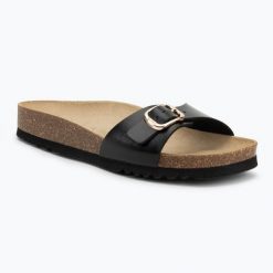 Klapki damskie Scholl Estelle Laminated. Czarne klapki damskie Scholl, bez wzorów, z materiału, bez obcasa, bez zapięcia. Za 189.99 zł.