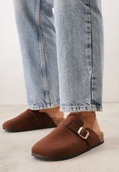 Ciemnobrązowe Klapki z Ozdobnym Paskiem i Klamrą Calevelis. Brązowe klapki damskie Born2be, bez wzorów, z jeansu, z okrągłym noskiem, bez obcasa, na obcasie, bez zapięcia. Za 69.99 zł.