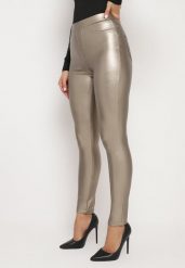 Złote Legginsy z Ekoskóry z Wysokim Stanem i Imitacją Kieszeni Merievia. Żółte legginsy damskie Born2be, l, bez wzorów, z jeansu. Za 39.99 zł.