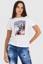 GUESS Biały t-shirt damski z nadrukiem i wiązaniem na plecach, Rozmiar XS. Białe t-shirty damskie Guess, s, z aplikacjami, bez kołnierzyka. W wyprzedaży za 123.99 zł.
