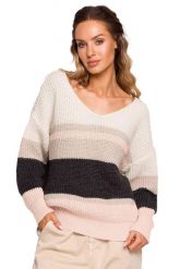 Kolorowy sweter w paski i z dekoltem w serek. Swetry klasyczne damskie MOE, m, bez kołnierzyka. Za 239.00 zł.