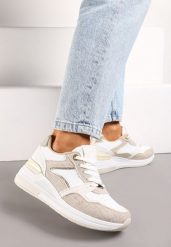 Beżowo-Białe Sneakersy na Niskim Koturnie z Materiałowymi Wstawkami Aquamarine. Brązowe obuwie sportowe damskie Renee, z materiału, bez zapięcia. Za 119.99 zł.