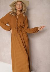 Brązowa Rozkloszowana Sukienka Maxi Plisowana Wiązana w Pasie Terilla. Brązowe sukienki damskie Renee, bez wzorów, z materiału, bez ramiączek. W wyprzedaży za 99.99 zł.