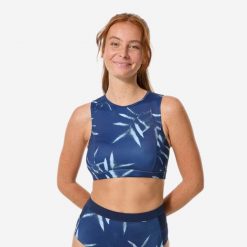 Góra kostiumu kąpielowego surfingowego damska Decathlon Carla Bagheera. Niebieskie bikini Decathlon, bez wzorów, z elastanu. Za 119.99 zł.