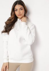 Biała Bawełniana Bluza z Półgolfem i Ściągaczem Themista. Białe bluzy damskie Born2be, bez wzorów, z bawełny, bez kaptura. Za 89.99 zł.
