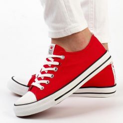 Czerwone trampki damskie La.Fi 280055r. Czerwone trampki damskie La.Fi, bez wzorów, z tkaniny, bez zapięcia. Za 79.00 zł.