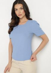 Niebieski Prążkowany T-shirt z Zakładkami przy Rękawach Kolanovia. Niebieskie t-shirty damskie Born2be, l, bez wzorów, z jeansu, bez kołnierzyka. Za 34.99 zł.