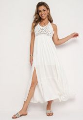 Biała Wiskozowa Sukienka w Stylu Boho z Wiązaniem na Szyi Risalinda. Białe sukienki damskie Born2be, z aplikacjami, z wiskozy, boho, bez ramiączek. Za 189.99 zł.