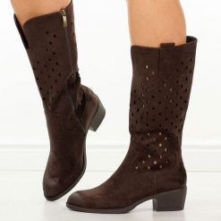 Brązowe ażurowe kozaki damskie na obcasie Potocki 12753. Brązowe kozaki damskie POTOCKI, na jesień, z jeansu, bez obcasa, na obcasie, bez zapięcia. Za 269.00 zł.