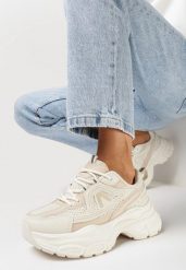 Beżowe Sneakersy na Grubej Podeszwie z Metalicznymi Wstawkami i Siateczką Aterim. Brązowe obuwie sportowe damskie Born2be, bez zapięcia. Za 89.99 zł.
