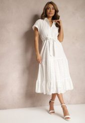 Biała Koszulowa Sukienka z Ażurowej Bawełny Wiązana w Talii Lulilena. Białe sukienki damskie Renee, w ażurowe wzory, z bawełny, eleganckie, bez ramiączek. W wyprzedaży za 167.99 zł.