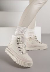 Beżowe Sneakersy w Stylu Traperów na Platformie Ewedora. Brązowe obuwie sportowe damskie Renee, z jeansu, bez zapięcia. Za 109.99 zł.