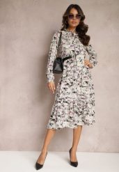 Ciemnobeżowa Rozkloszowana Sukienka Midi z Falbanką i Gumką w Talii Viglira. Brązowe sukienki damskie Renee, bez wzorów, eleganckie, bez ramiączek. W wyprzedaży za 83.99 zł.
