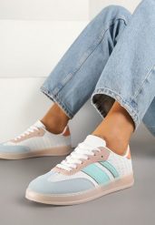 Biało-Niebieskie Sneakersy Tenisówki Ozdobione Paskami Amodira. Białe obuwie sportowe damskie Renee, z jeansu, bez zapięcia, tenisowe. Za 74.99 zł.